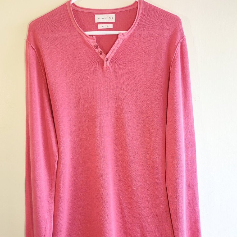 Harris Wilson Men's THEO Linen Henley Shirt  Slim Fit Long Sleeve Size Medium